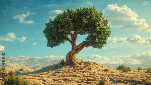 A tree is standing on a hill in a desert photo