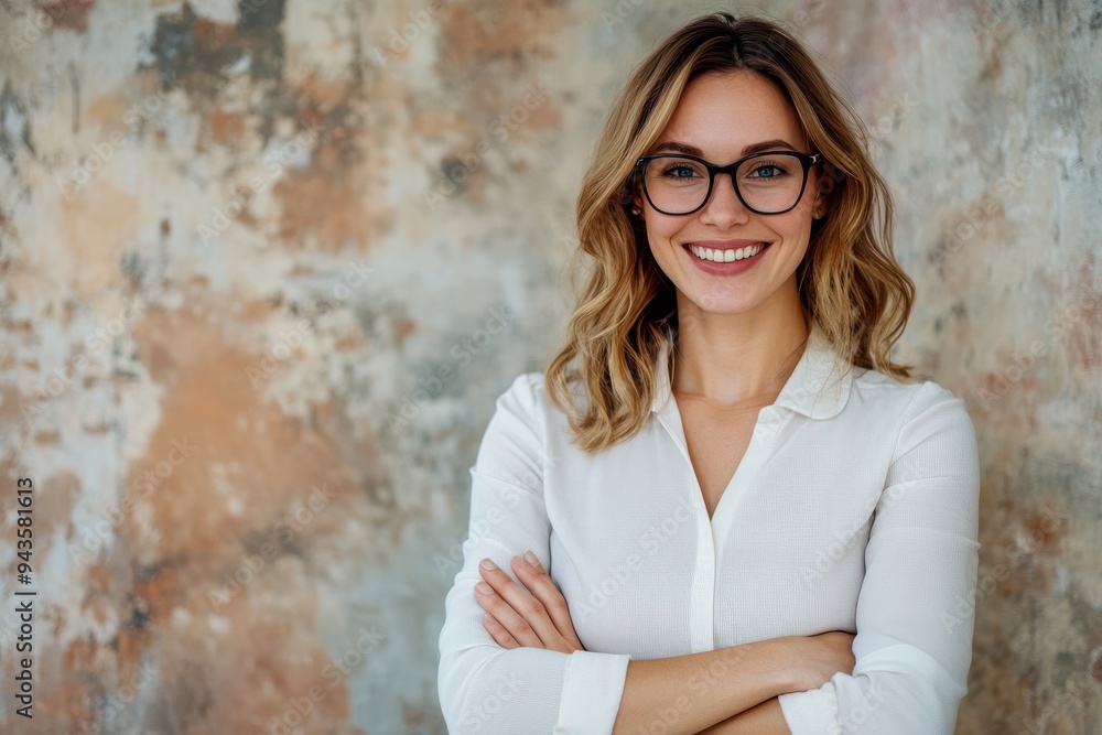Confident young woman with glasses smiling with arms crossed against a textured wall.
Confident young woman with glasses smiling with arms crossed against a textured wall.