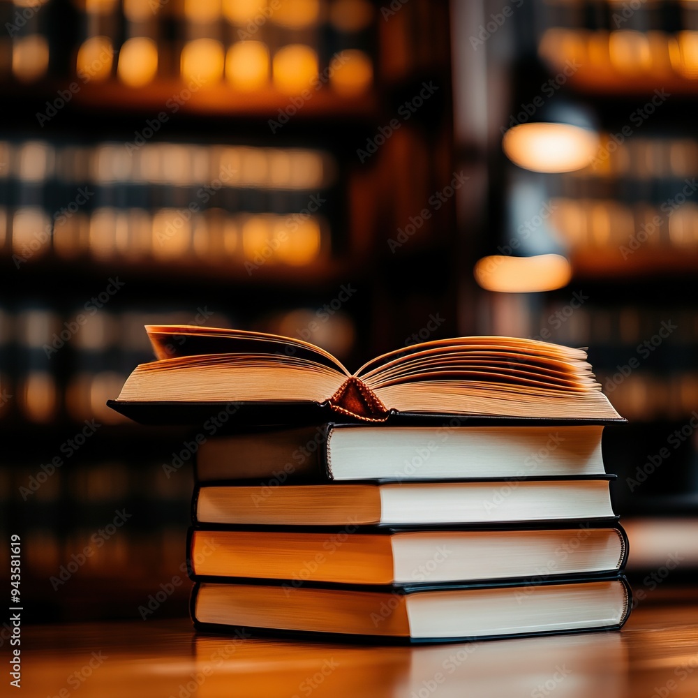 Fototapeta premium An open book sits atop a stack of closed volumes, set against a warm, inviting library backdrop filled with shelves of knowledge.