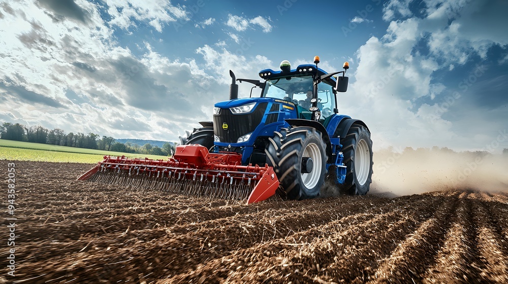 Fototapeta premium Powerful blue tractor cultivating rich farmland under a dramatic sky.