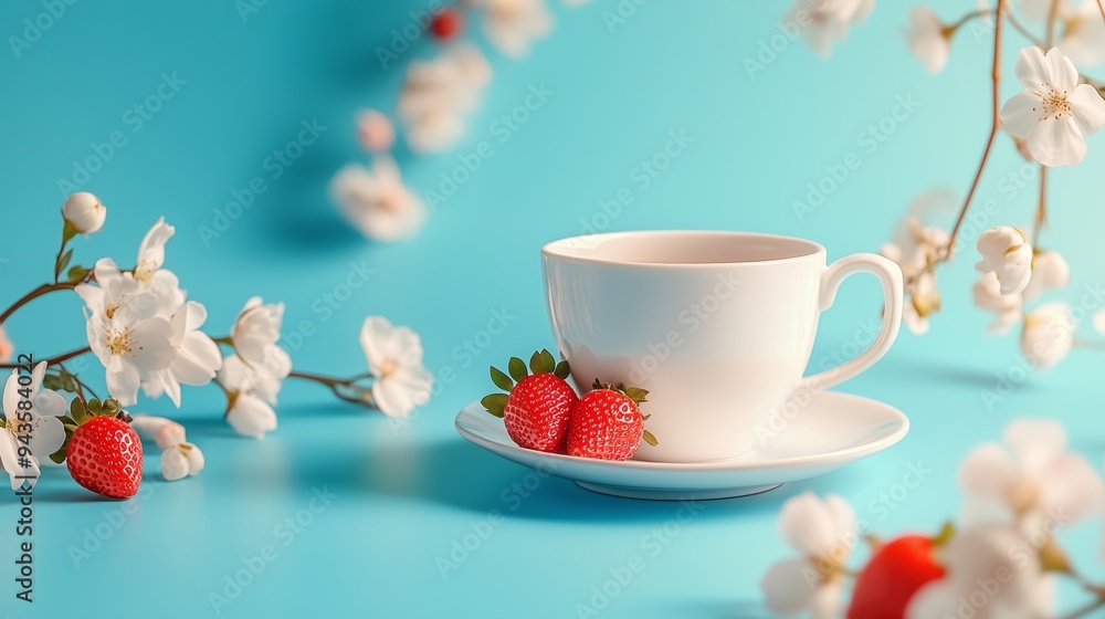 A delicate white cup with strawberries surrounded by vibrant flowers on a blue background during springtime A delicate white cup with strawberries surrounded by vibrant flowers on a blue background during springtime