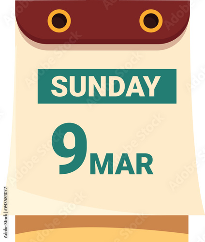 Tear off calendar page is showing the date as sunday the 9th of march