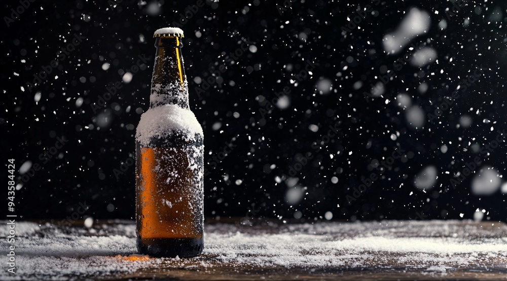 Chilled Beer Bottle with Condensation and Falling Snowflakes Chilled Beer Bottle with Condensation and Falling Snowflakes