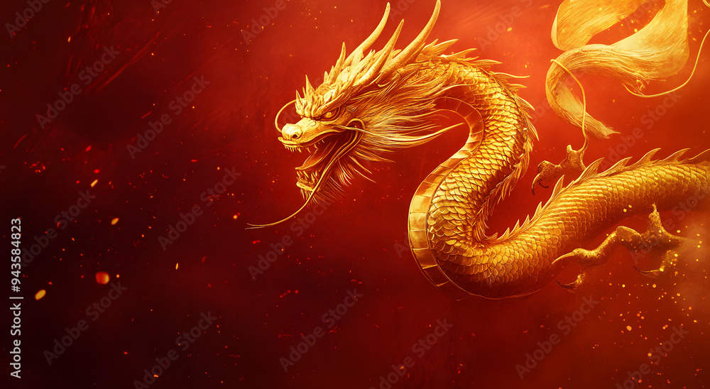 Red Background with a Majestic Golden Dragon, Illuminated by a Red Glow, Symbolizing Power, Prosperity, and the Essence of Chinese Mythology, Perfect for Illustrating Themes of Strength, Tradition, an Red Background with a Majestic Golden Dragon, Illuminated by a Red Glow, Symbolizing Power, Prosperity, and the Essence of Chinese Mythology, Perfect for Illustrating Themes of Strength, Tradition, an
