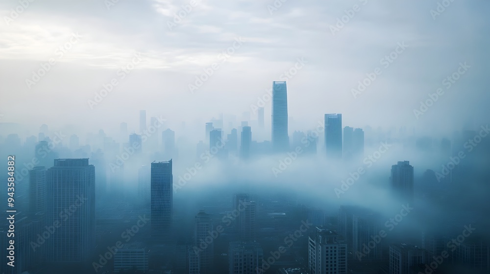 Fototapeta premium Photograph of an urban skyline obscured by thick smog representing the detrimental impact of greenhouse gases and the need for environmental awareness and sustainable solutions
