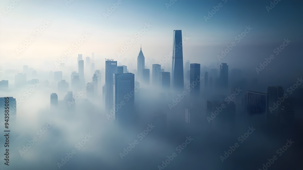 Shrouded Urban Skyline Symbolizing Greenhouse Gas Effects and Climate Change Challenges Atmospheric cityscape with skyscrapers and buildings obscured by thick smog Shrouded Urban Skyline Symbolizing Greenhouse Gas Effects and Climate Change Challenges Atmospheric cityscape with skyscrapers and buildings obscured by thick smog