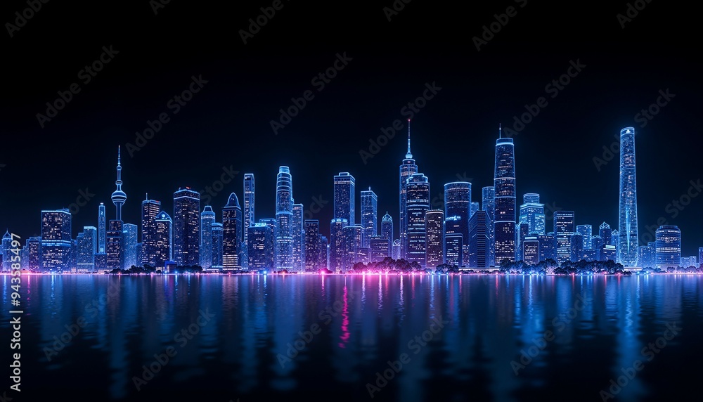 A futuristic cityscape at night with a glowing neon blue skyline reflected on a calm body of water, featuring towering skyscrapers and a clear, dark sky.
A futuristic cityscape at night with a glowing neon blue skyline reflected on a calm body of water, featuring towering skyscrapers and a clear, dark sky.