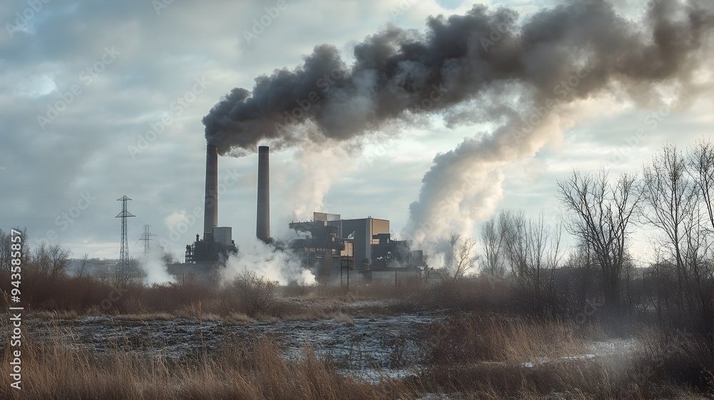 Aerial view of a large power plant with towering smokestacks spewing thick dark smoke and fumes into the sky contributing to greenhouse gas emissions and the ongoing environmental crisis Aerial view of a large power plant with towering smokestacks spewing thick dark smoke and fumes into the sky contributing to greenhouse gas emissions and the ongoing environmental crisis