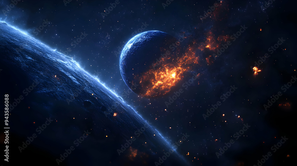 A fiery explosion erupts from a planet in the vast expanse of space, while a distant planet looms in the background. A fiery explosion erupts from a planet in the vast expanse of space, while a distant planet looms in the background.