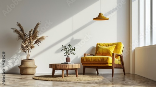 Modern Living Room Interior with Yellow Armchair and Wooden Coffee Table - 3D Rendering photo