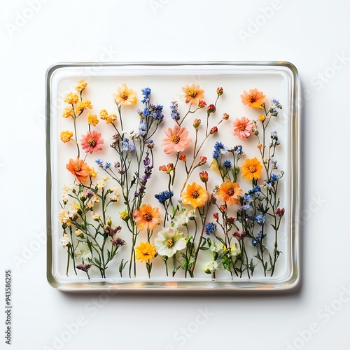 A vibrant arrangement of pressed flowers displayed neatly on a white background, perfect for nature-inspired designs.