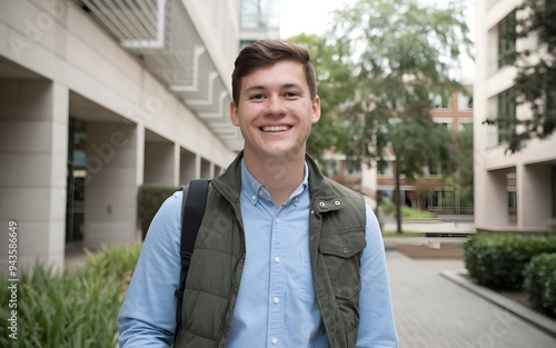 Wallpaper Mural Portrait of a Smiling Student Standing on a University Campus Building, Happy and Ready for Lecture, Capturing Academic Excitement and Anticipation Torontodigital.ca