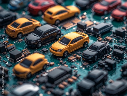 Toy cars on circuit board highlighting microchip shortage impact on automotive industry