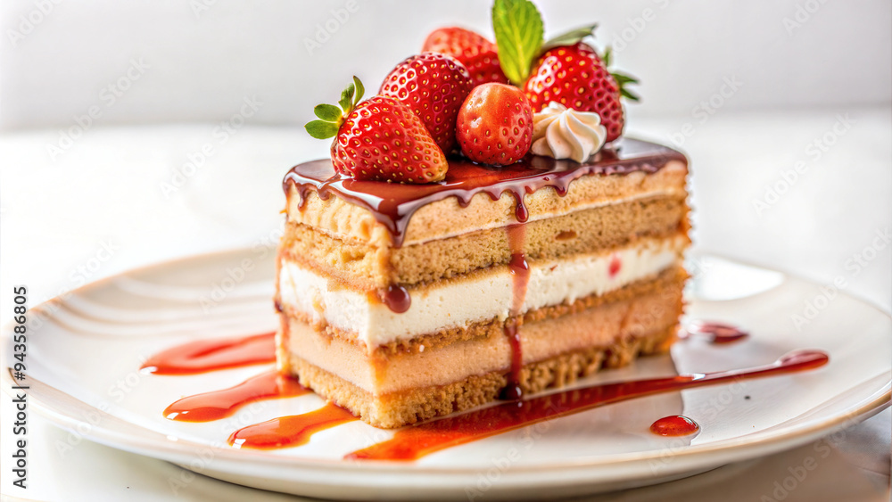 Slice of cake on a plate drizzled with syrup Slice of cake on a plate drizzled with syrup