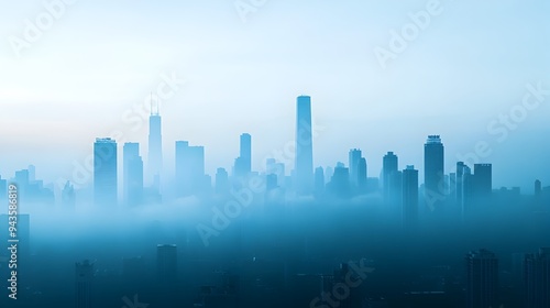 Shrouded Skyline The Looming Presence of Greenhouse Gases in an Urban Landscape A dramatic aerial view of a city skyline enveloped in a thick haze