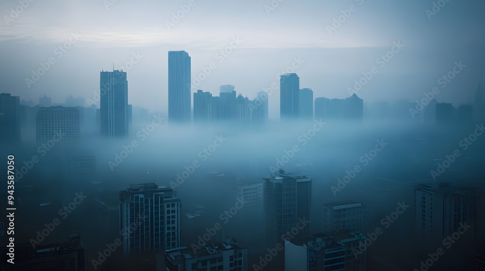Moody atmospheric photograph of an urban skyline shrouded in thick smog Moody atmospheric photograph of an urban skyline shrouded in thick smog
