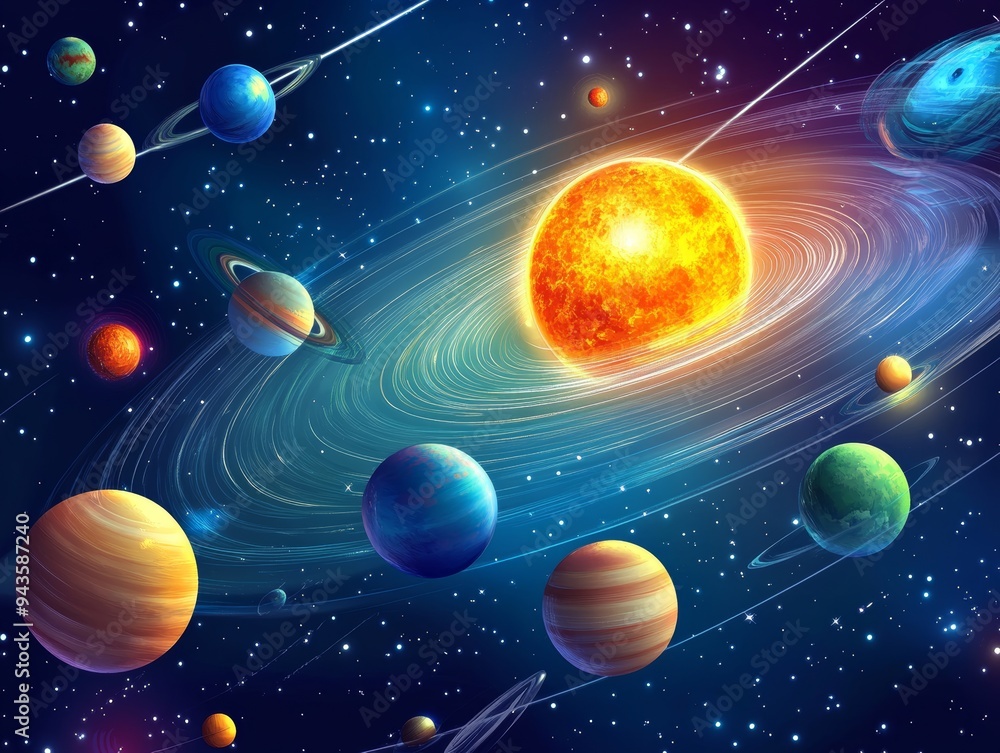 Vibrant solar system illustration featuring nine planets orbiting the sun in deep space exploration Vibrant solar system illustration featuring nine planets orbiting the sun in deep space exploration