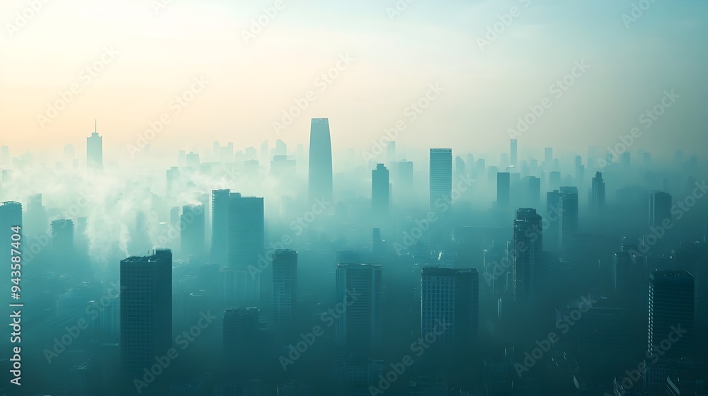 A captivating cityscape enveloped in a hazy gloomy atmosphere highlighting the urgent need for action against greenhouse gas emissions and environmental pollution A captivating cityscape enveloped in a hazy gloomy atmosphere highlighting the urgent need for action against greenhouse gas emissions and environmental pollution