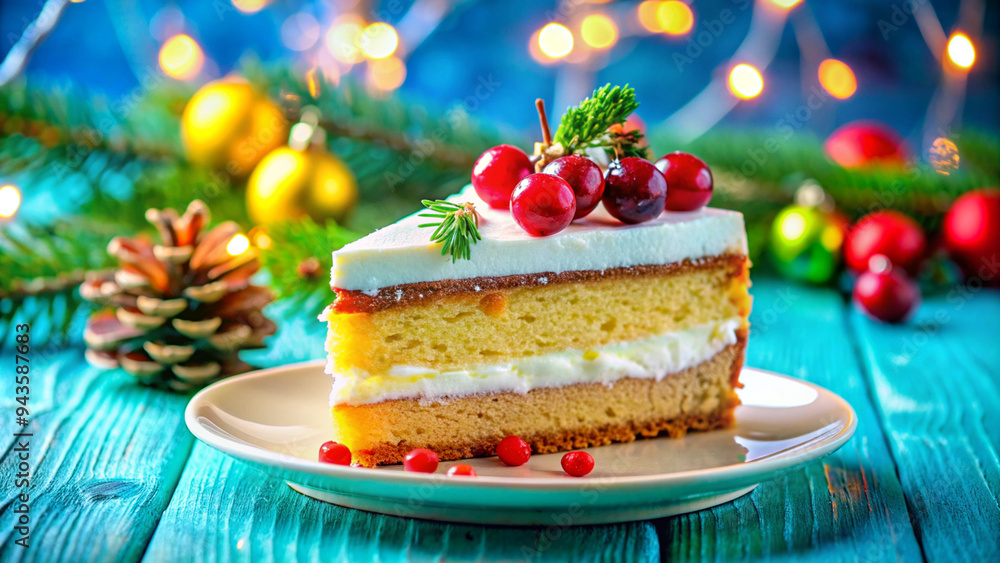 Slice of cake on a wooden table with Christmas decor in the background Slice of cake on a wooden table with Christmas decor in the background