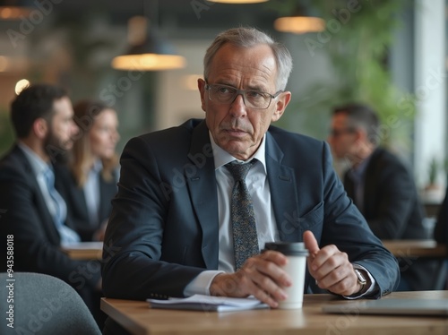 Focused adult businessman sips coffee while deep in thought, bustling cafe during morning meeting