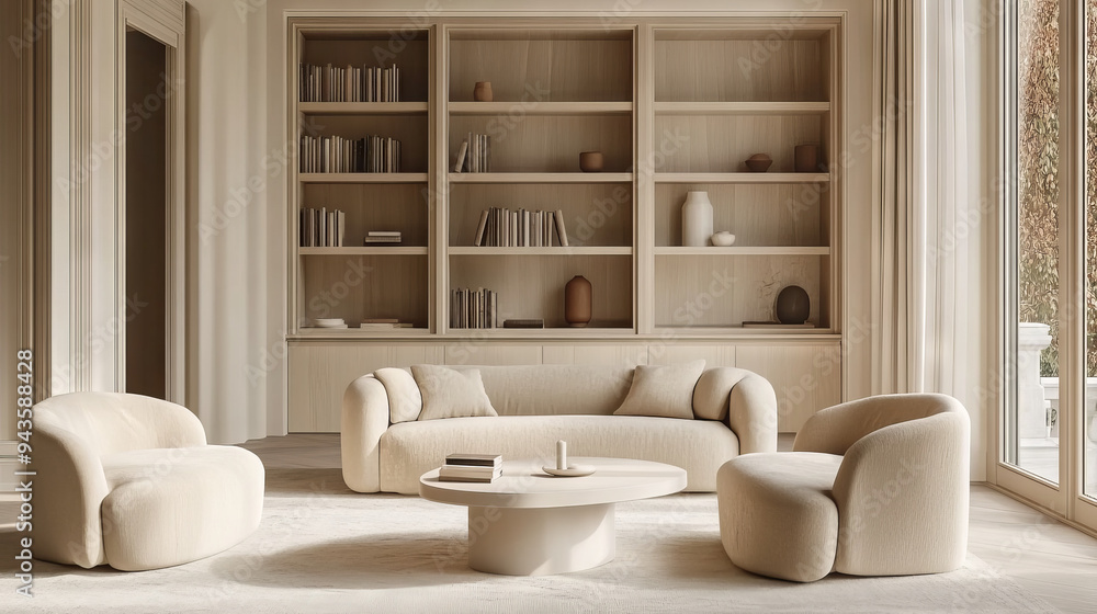 A modern living room featuring elegant beige furniture and built-in shelves with books and decor, set against a soft-toned background. Showcasing minimalistic interior design in 3D rendering. A modern living room featuring elegant beige furniture and built-in shelves with books and decor, set against a soft-toned background. Showcasing minimalistic interior design in 3D rendering.