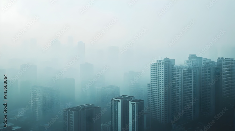 Obraz premium Hazy Metropolis Confronting the Environmental Crisis in Our Cities A dramatic aerial view of a bustling urban landscape obscured by thick haze and greenhouse gas emissions