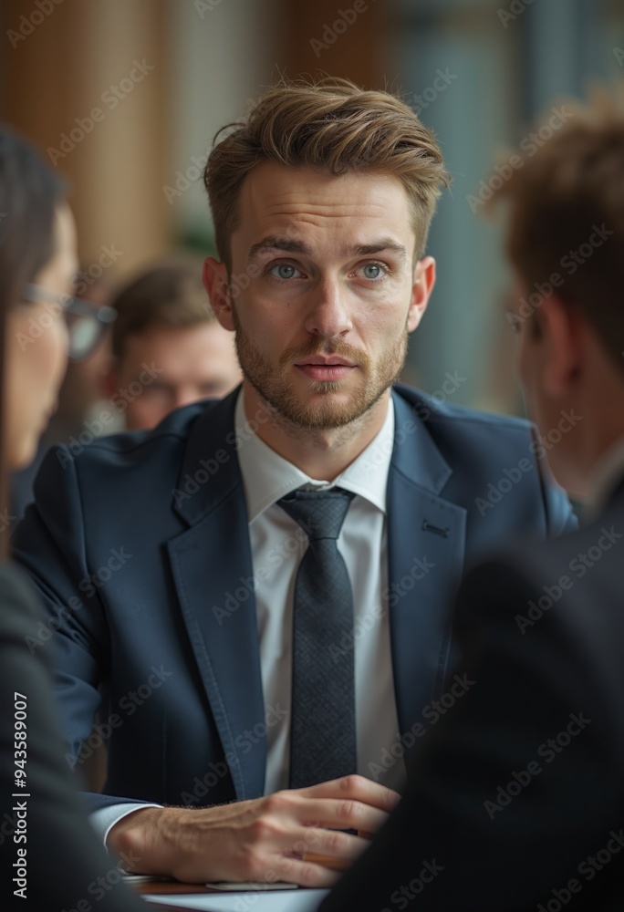 Focused caucasian businessman engages in serious discussion with colleagues in modern office, daytime meeting Focused caucasian businessman engages in serious discussion with colleagues in modern office, daytime meeting