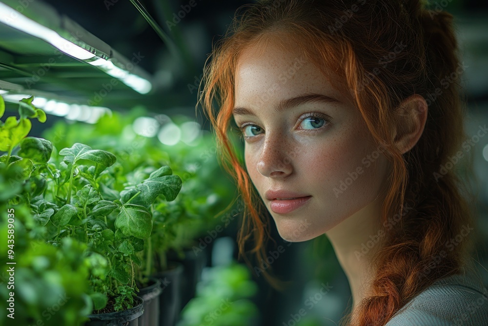 Focused woman examining plants in indoor farm Focused woman examining plants in indoor farm