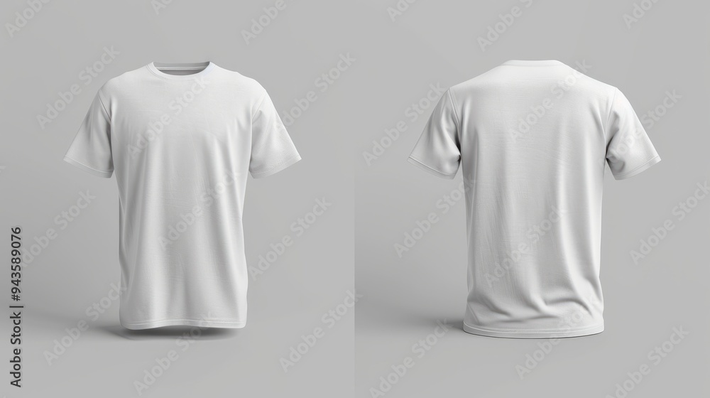 White beautiful T-shirt front and back on a flat surface on a gray background. White beautiful T-shirt front and back on a flat surface on a gray background.