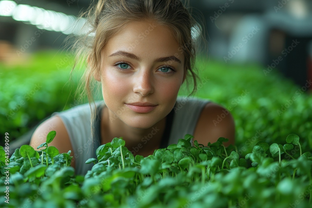 Focused woman examining plants in indoor farm Focused woman examining plants in indoor farm
