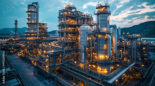 A side-by-side overview of various carbon processing structures illuminated at twilight.