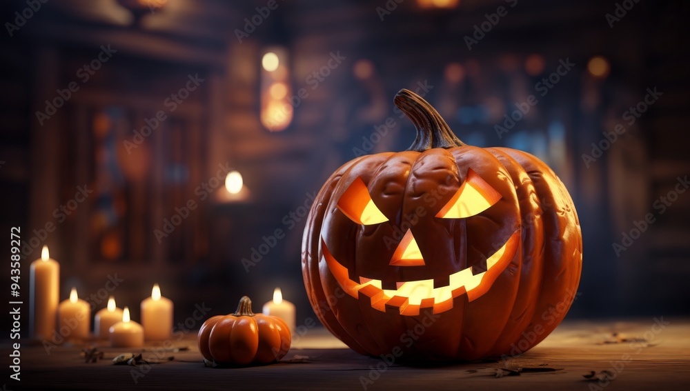 Spooky Halloween Pumpkin with Glowing Face and Candles Spooky Halloween Pumpkin with Glowing Face and Candles