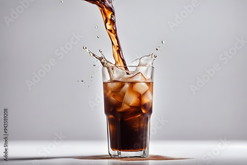 A tall glass of cold brew coffee with visible ice cubes and a splash of milk on a white background, Ai Generated