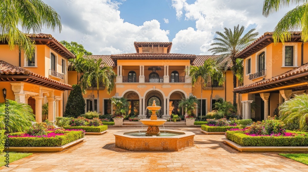 Obraz premium Luxury Mediterranean Mansion with Fountain Courtyard