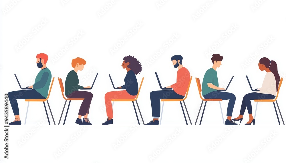 Diverse individuals waiting in line with laptops for job interviews at recruitment agencies Diverse individuals waiting in line with laptops for job interviews at recruitment agencies