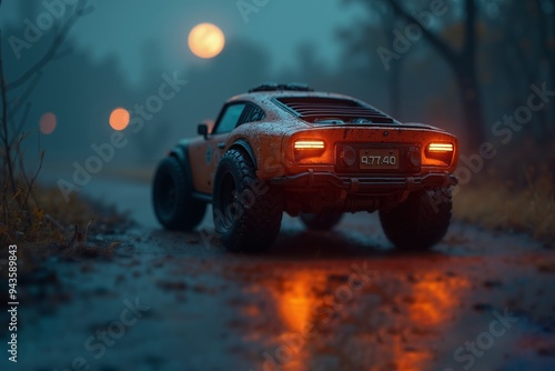 Miniature of desert racing car, puddles on road, misty evening, soft glow of reflected streetlights