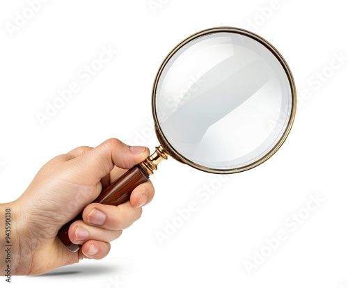 Closeup view of hand holding magnifying glass isolated on white background.