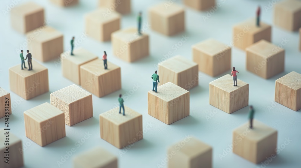 Fototapeta premium Miniature figures on wooden blocks in an abstract layout representing teamwork and collaboration in a creative workspace