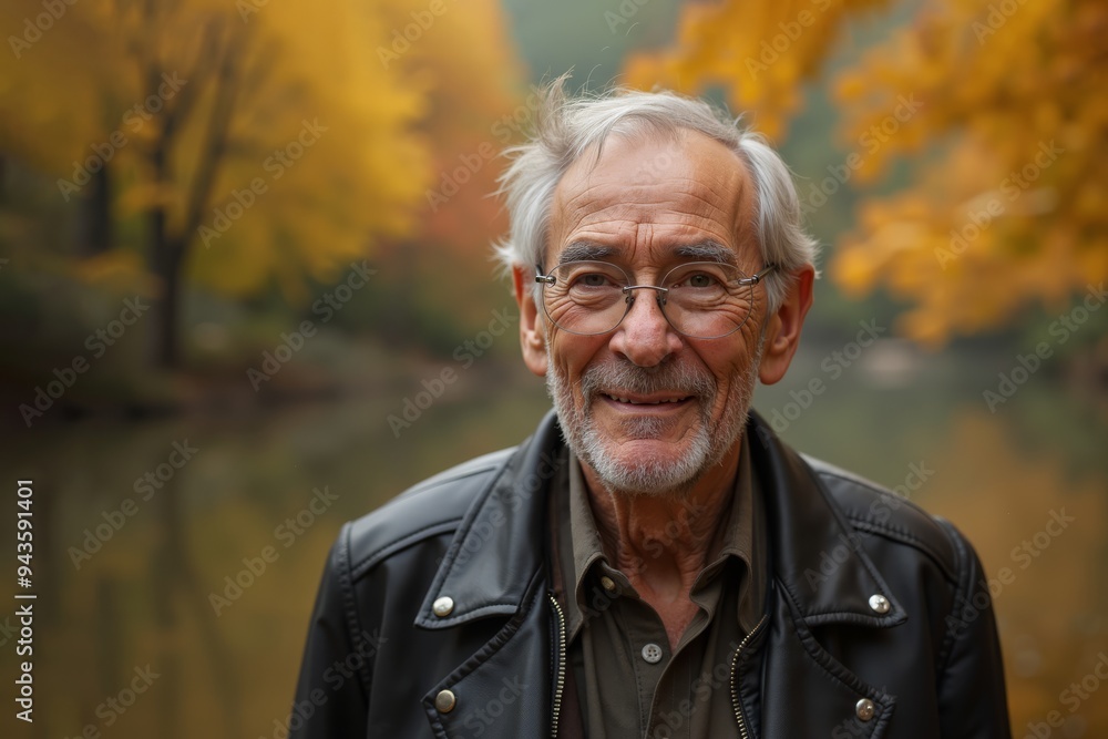 Joyful elderly man stands by tranquil lake, embraced by golden hues of autumn leaves under soft sunlight, leather jacket Joyful elderly man stands by tranquil lake, embraced by golden hues of autumn leaves under soft sunlight, leather jacket