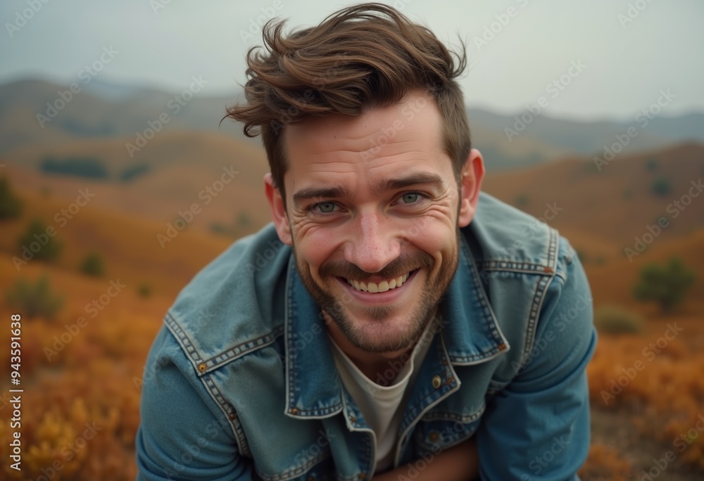 Cheerful white man leans forward, beaming with happiness amidst stunning autumn backdrop of orange hills and soft clouds Cheerful white man leans forward, beaming with happiness amidst stunning autumn backdrop of orange hills and soft clouds
