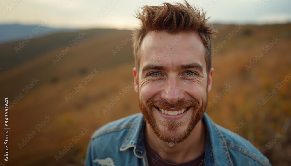 Smiling caucasian man beams with joy, surrounded by golden grass and rolling hills, basking in glow of sunset Smiling caucasian man beams with joy, surrounded by golden grass and rolling hills, basking in glow of sunset