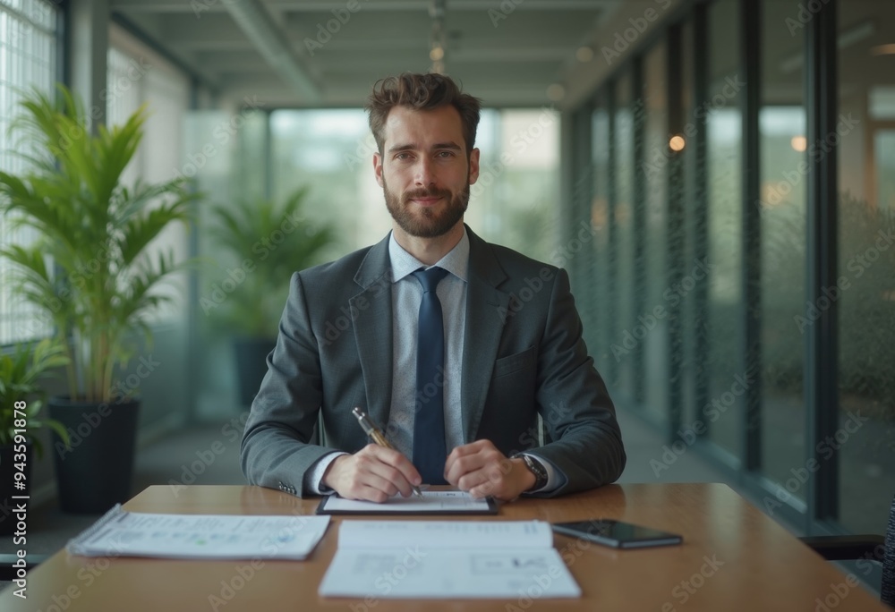 Confident caucasian bank manager, sits at desk in modern office, ready for collaboration during productive meeting Confident caucasian bank manager, sits at desk in modern office, ready for collaboration during productive meeting