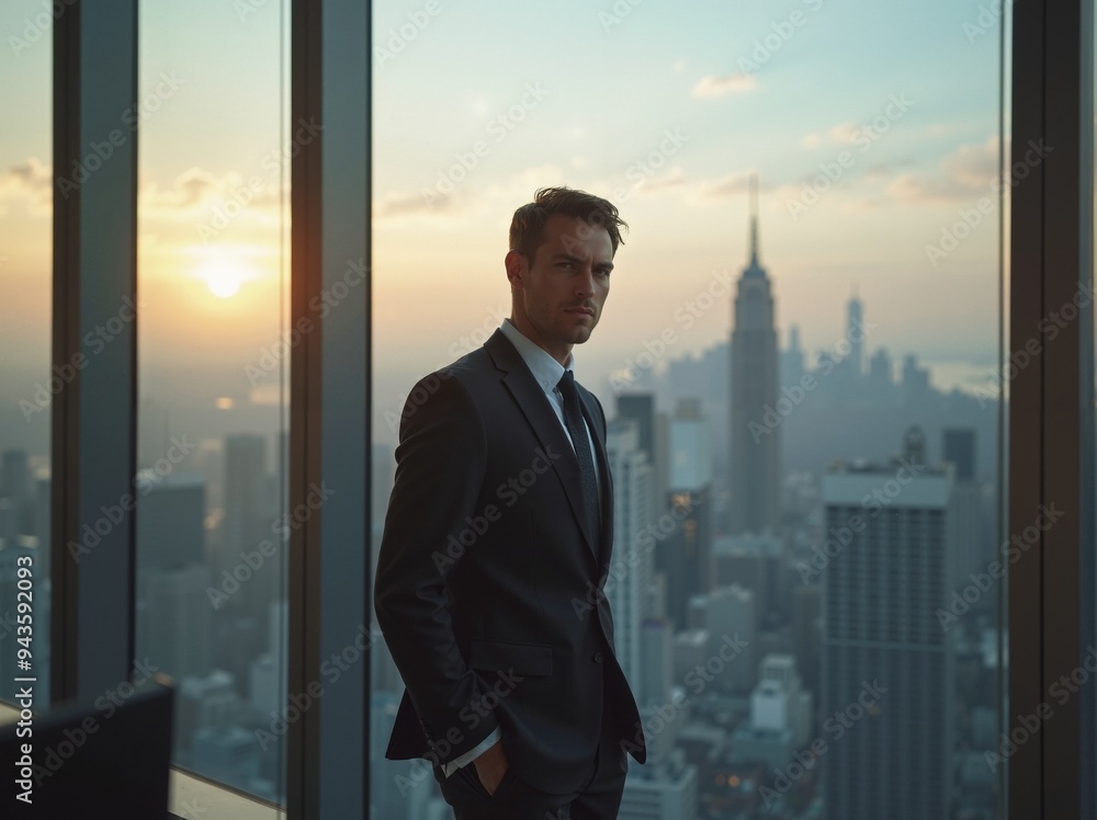 European businessman gazes out over city skyline at sunset from high-rise office with serene expression European businessman gazes out over city skyline at sunset from high-rise office with serene expression