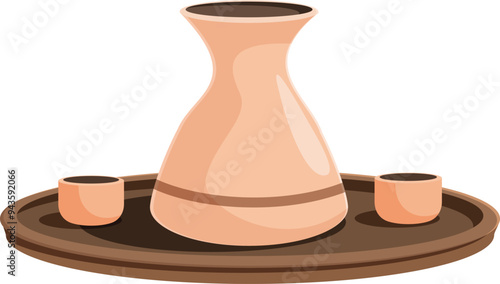 Traditional japanese sake set with a sake bottle and two small cups standing on a wooden tray