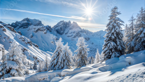 Snowy mountain landscape on a sunny day