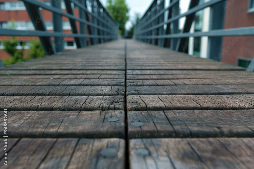 Wooden Pedestrian Bridge with Metal Railings Wooden Pedestrian Bridge with Metal Railings