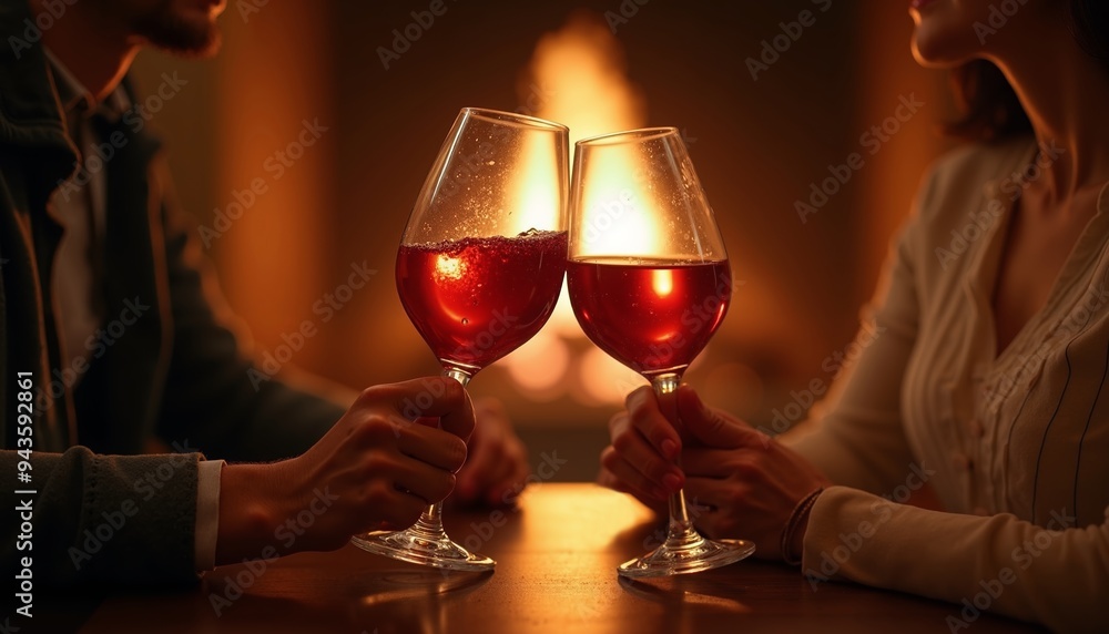 Lovely couple raise glasses of red wine, illuminated by glowing fireplace, creating intimate atmosphere on romantic date Lovely couple raise glasses of red wine, illuminated by glowing fireplace, creating intimate atmosphere on romantic date