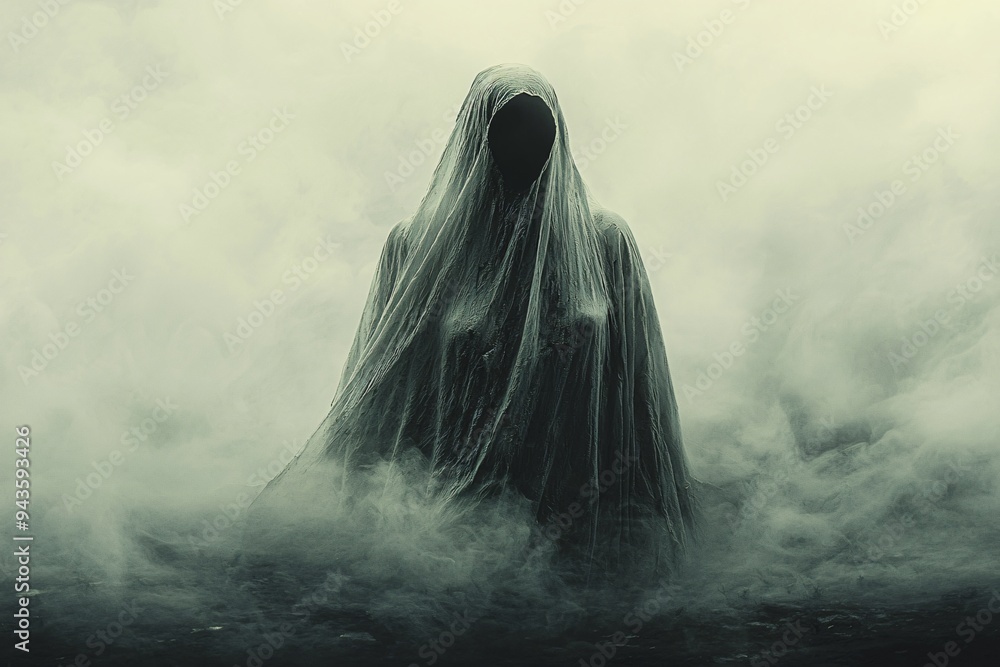 Halloween ghost on white background, featuring a haunting spirit figure shrouded in mist, ideal for spooky designs, invitations, or themed events with copy space. Halloween ghost on white background, featuring a haunting spirit figure shrouded in mist, ideal for spooky designs, invitations, or themed events with copy space.