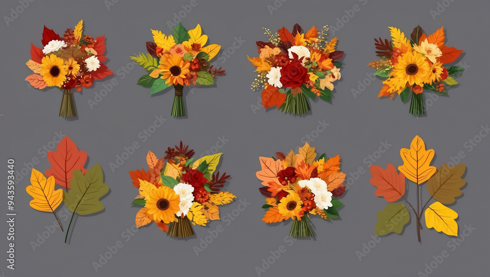 Obraz premium Set of stickers with a bouquet of autumn flowers, autumn leaves
