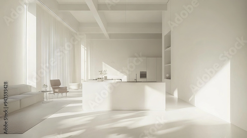 A modern minimalist white studio featuring a kitchen that is both functional and stylish. --ar 16:9 --v 6.1 Job ID: ca6468a6-b26b-416d-b397-459c6380f945 photo